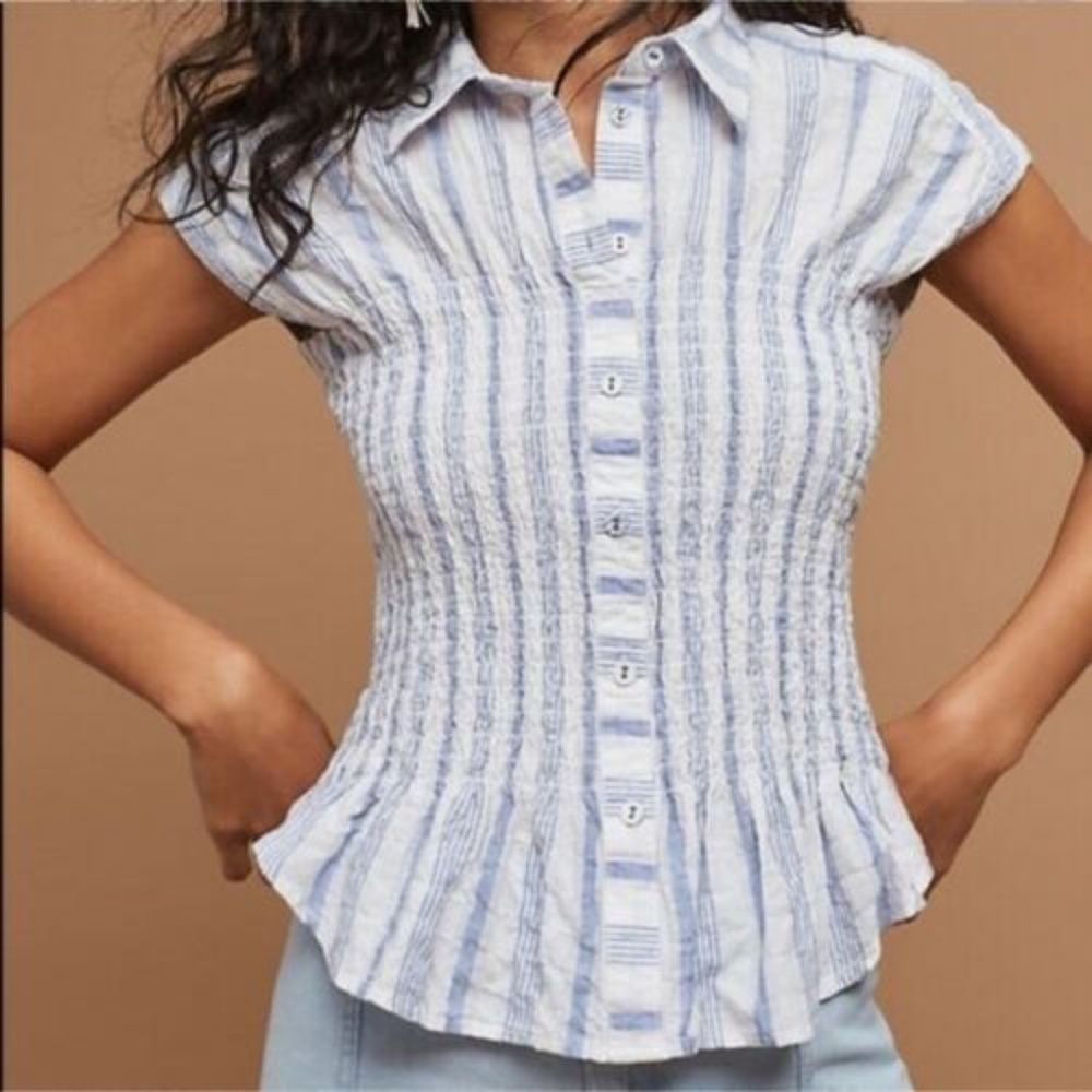 Maeve Bellamy Smocked White Blue Striped Button up